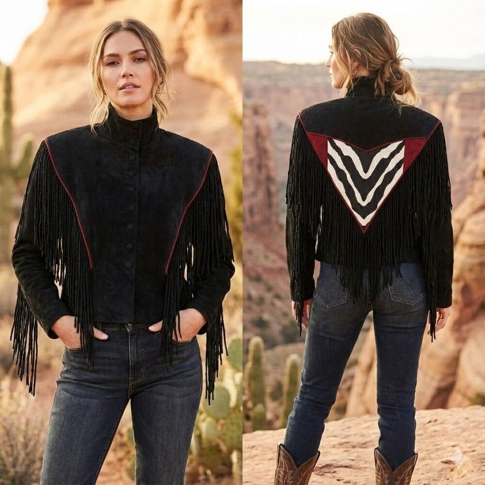 Vintage 90s Holly Merrit Leather Jacket Zebra Tapestry Fringe Biker S M Core